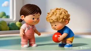 3D animation still of two cute children in a playground, one returning a ball to the other, with the text 'THANK YOU' and 'MERCI' visible.