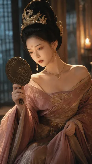 A half-body close-up of a fair-skinned East Asian woman with long dark hair in an elaborate updo, wearing a pink and gold Tang Dynasty dress. She is leaning against a carved railing, looking into a bronze hand mirror. The background is a blurred palace room with cool blue window light and warm golden candlelight. Her expression is thoughtful and slightly shy.
