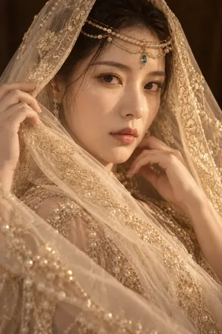 Close-up portrait of an East Asian woman with a three-quarters profile, looking towards the camera with a gentle gaze. She wears a sheer, ivory veil with pearl and gold embroidery, illuminated by warm side lighting. A small blue-green gem is centered on her forehead.