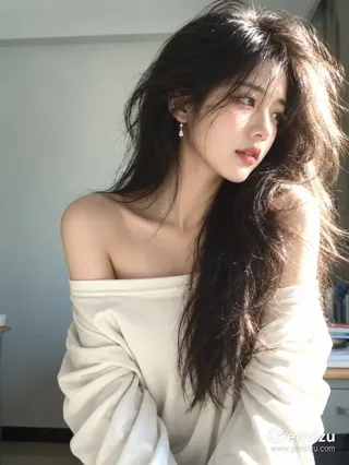 Close vertical portrait of an adult Korean woman with dark tousled hair and an ivory off-the-shoulder top, illuminated by soft window light.