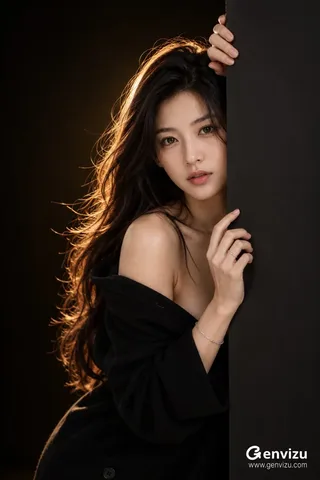 Vertical portrait of an adult East Asian woman looking calmly at the camera while emerging from behind a dark vertical panel with warm rim light on her dark hair.