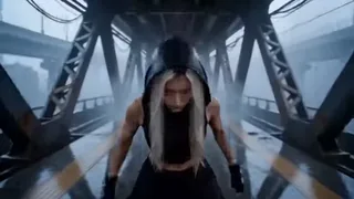 Cyberpunk woman with silver hair performing a high kick during a rainy fight on an industrial bridge, with neon lights and explosions.