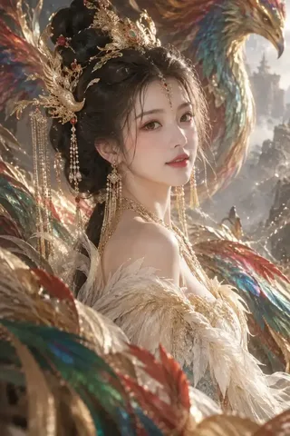 Cinematic bust portrait of an ancient Chinese phoenix goddess with intricate golden hair ornaments and iridescent plumage in a misty atmosphere.
