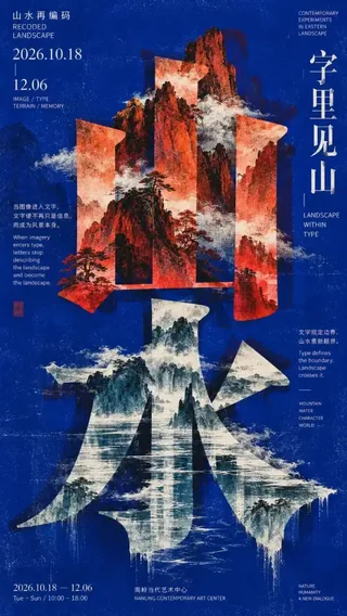 An avant-garde contemporary art poster featuring bold oriental landscape elements integrated with dynamic typography and rich print textures.