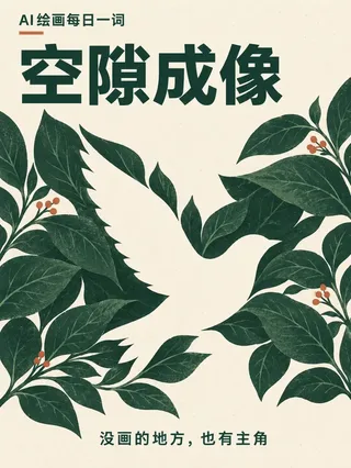 Minimalist flat illustration with deep forest green leaves forming a central negative space silhouette of a flying bird against a warm white textured paper background.