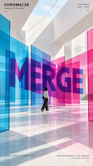 A vertical poster with large, bold sans-serif letters constructed from overlapping translucent planes, creating a sense of depth and perspective. The typography is readable from a specific viewpoint, but breaks apart from others.