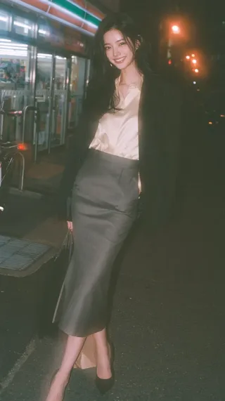 Full body shot of a woman in her mid-20s with long black hair and a happy smile, wearing a cream blouse, gray skirt, and black blazer, standing outside a Japanese convenience store at night.