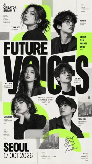 A contemporary vertical poster with a geometric grid layout, showcasing multiple realistic portraits of people with varied scales and crops, overlaid with large, dominant typography and smaller informational text.