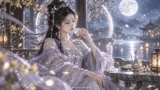 An oriental woman in lavender silk drinking alone in a pavilion under a glowing moon, with soft mist and bokeh.