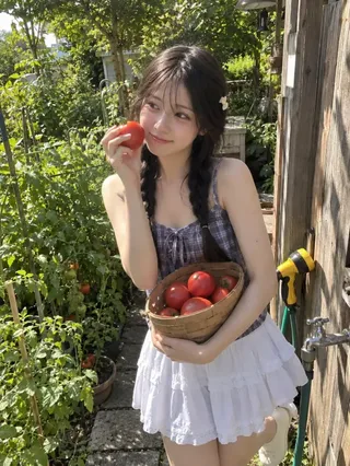 Photorealistic candid summer garden portrait of a young East Asian woman with braided pigtails, wearing a plaid camisole and white skirt, holding a basket of red tomatoes.