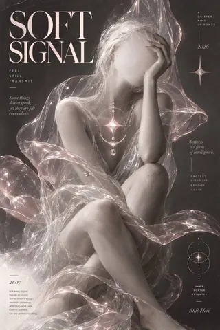 A faceless figure in a curled pose, draped in translucent, flowing veils of pink and grey. A glowing star emblem floats at the chest. The background is a soft, textured grey, with minimalist typography reading 'SOFT SIGNAL'.