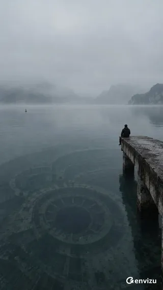 A 9:16 vertical, surreal, hyperrealistic photograph. A calm reservoir shrouded in dense, cold grey fog. A minimalist foggy sky above, with distant limestone ridges. An old concrete pier extends from the bottom right. A lone traveler sits at the end. Beneath the water, a massive, partially submerged circular observatory with concentric concrete rings and a dark atrium is slowly revealed.