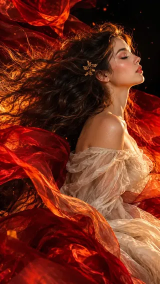 Fine-art fashion photograph of a woman in profile with flowing red silk and dark hair against a black background.