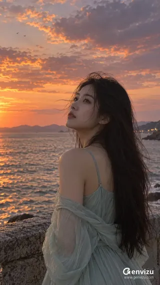 A quiet seaside portrait with a softly shadowed face, pale jade fabric, and warm sunset tones under a colorful sky.
