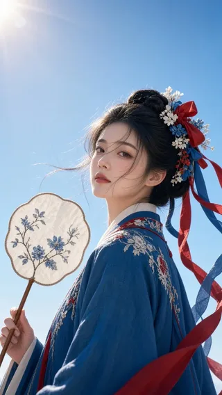 A serene ancient Chinese woman with a detailed updo adorned with flowers and ribbons, wearing a blue Hanfu, holding a fan, illuminated by strong backlight creating rim lighting against a vast blue sky.