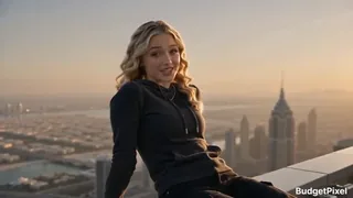 Young woman with blonde hair jumping off the Burj Khalifa and swinging between skyscrapers in Dubai.