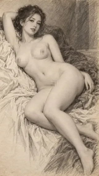 A classic graphite pencil nude sketch of a modern woman in an elegant reclining pose with detailed shading and realistic paper texture.