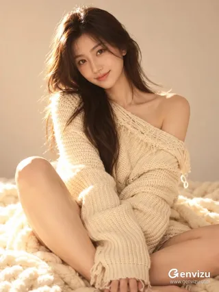 A photorealistic warm indoor editorial portrait of an East Asian woman sitting on an ivory wool blanket against a beige wall.