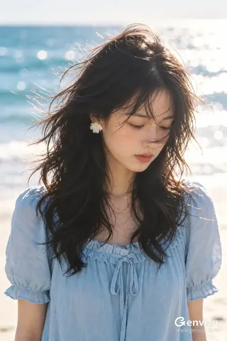 A vertical portrait of a 21-year-old East Asian woman looking downward with a soft expression, wearing a light blue blouse with windblown dark hair against a blurred turquoise sea background.
