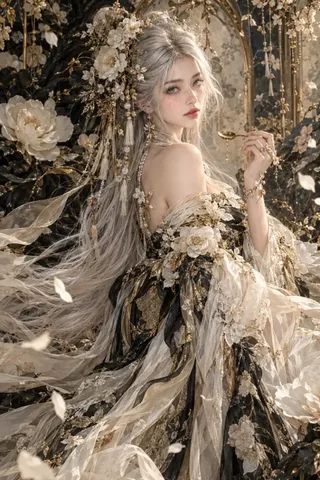 Vertical fantasy portrait of an elegant woman with long silver hair and a voluminous floral couture gown, holding a golden spoon, in a luxurious botanical setting with soft cinematic lighting.