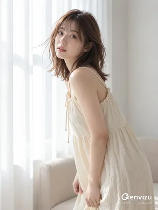 Photorealistic lifestyle portrait of a young East Asian woman with shoulder-length chestnut hair standing by a bright window in a cream cotton sundress.