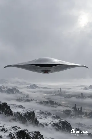 A minimalist, silver-white, diamond-shaped airship with a smooth ceramic cockpit floats horizontally in a vast, hazy grey sky, positioned above a stark, frosted landscape and faint city lights.