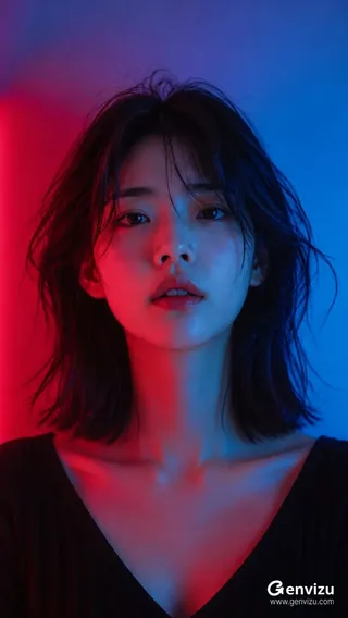 Close-up vertical portrait of a 22-year-old East Asian woman with dark tousled hair, lit dramatically by contrasting red and cyan light.