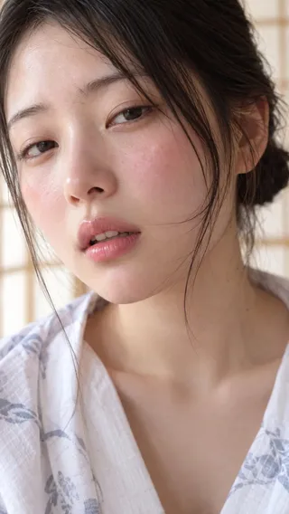 Close-up vertical portrait of a 21-year-old Japanese woman in a white yukata with soft window lighting and a blurred background.