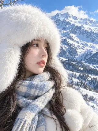 A close-up winter portrait of a young East Asian woman wearing a large white fluffy hat and plaid scarf against a snowy mountain and blue sky background.