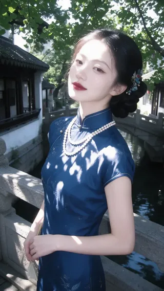 A low-pixel vintage documentary photograph of a slender woman in a sapphire-blue cheongsam on an ancient Suzhou town stone bridge.