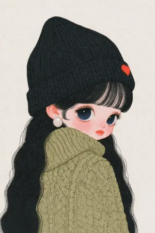 Illustration of a young girl with big blue eyes and long black hair, wearing a black beanie with a red heart and a green cable-knit sweater.