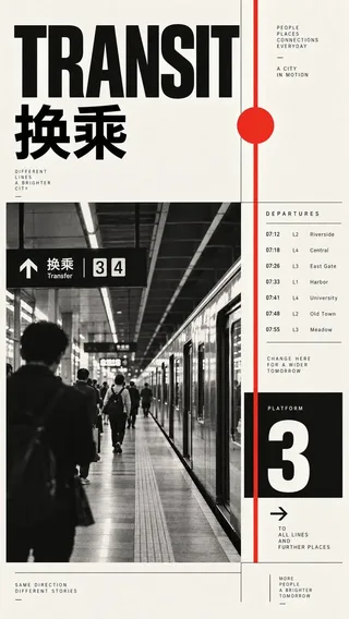 Four vertical archive info posters in Swiss international style featuring black and white photography, grid layouts, and red accent elements.