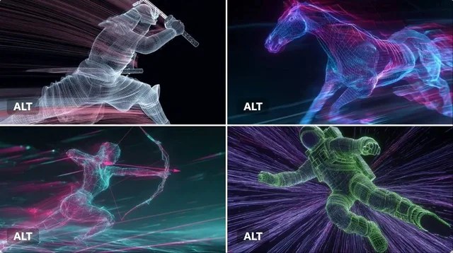 A neon wireframe visualization...