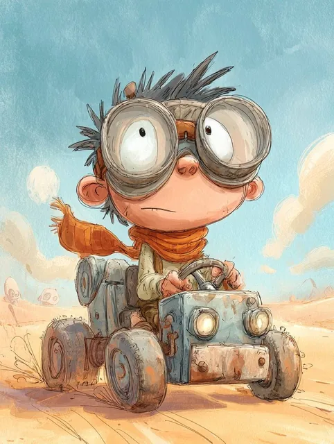 a young cartoon boy with big g...