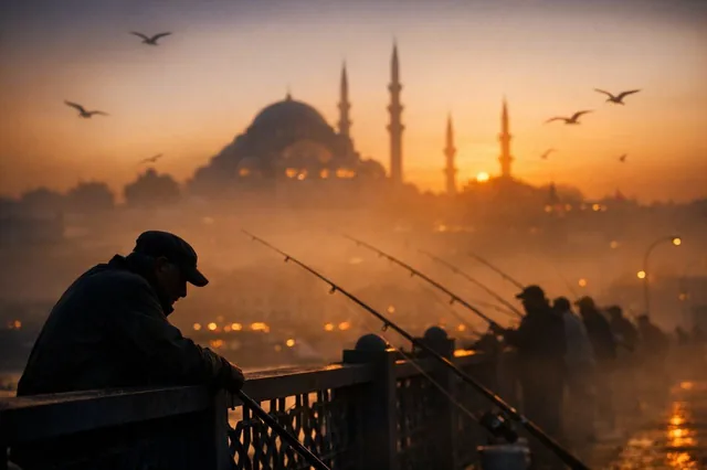 A cinematic silhouette shot of local fishermen lining the Galata Bridge in Istanbul during sunset. In the foreground, a