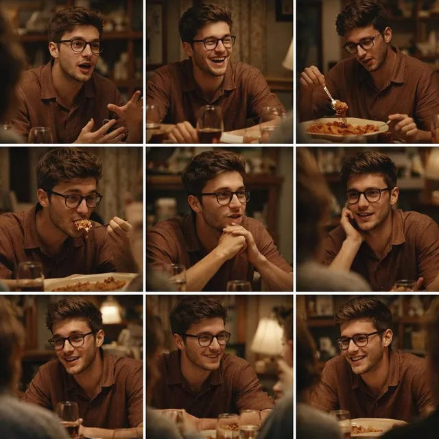 A 3x3 grid storyboard contact sheet comprised of nine candid, cinematic movie stills showing a continuous sequence of a