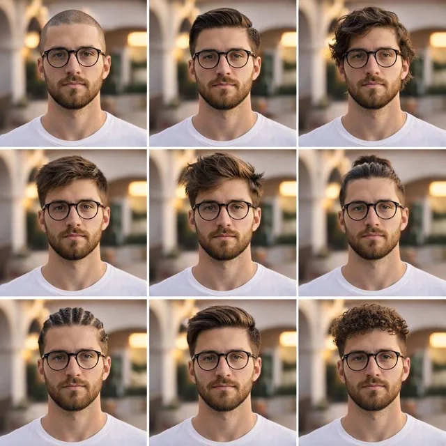 Collage of nine portraits of a young man with medium skin tone, each featuring a different hairstyle like buzz cut, slicked back, man bun, and braids, set against a softly blurred