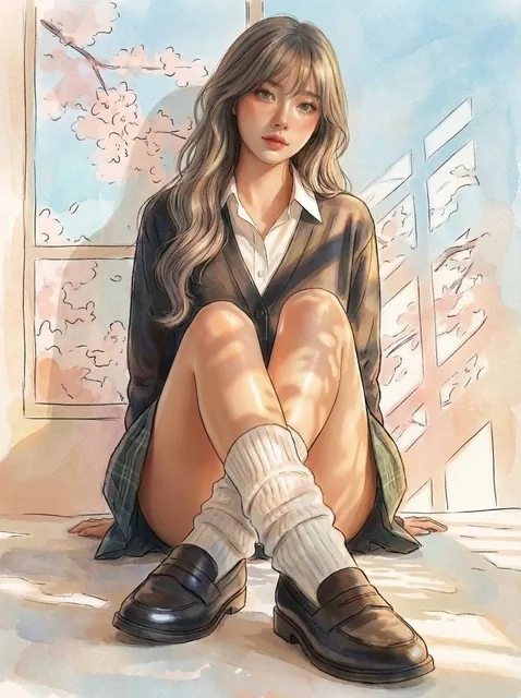 A photorealistic girl wearing a perfectly rendered anime-style uniform, showcasing the AI's ability to understand and apply clothing physics and materials across styles.