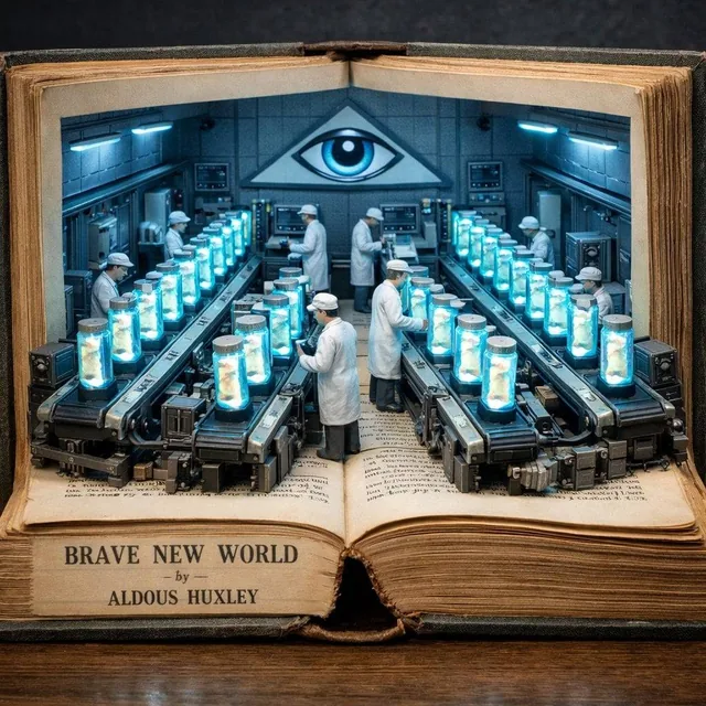 Surreal diorama emerging from an open vintage book of "Brave New World" by Aldous Huxley: the pages form a futuristic ha
