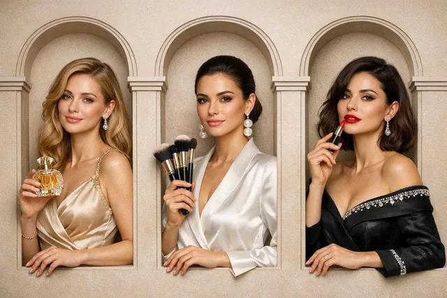 A luxury [BRAND] brand advertisement featuring three stylish [ATHLETES / MODELS / PEOPLE] arranged in a single horizonta