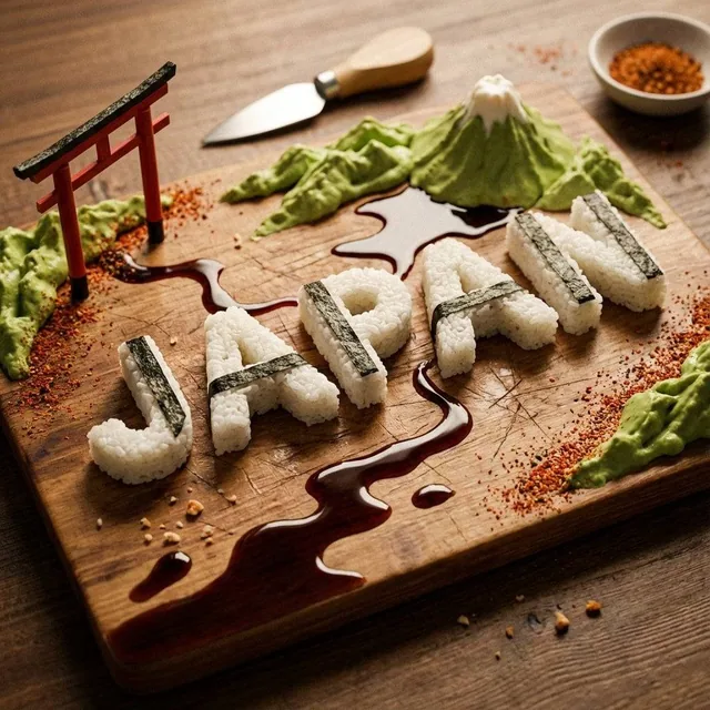 A charcuterie-style board presents JAPAN as an edible sculpture: • Letters carved from compact sushi-rice blocks wrapped