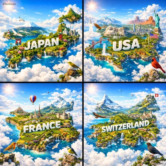 Create an ultra-HD, hyper-realistic digital poster of a floating miniature island shaped like [COUNTRY], resting on whit