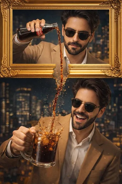 A stylish man wearing a tan suit and sunglasses is featured in a creative split image, framed by two ornate gold frames.