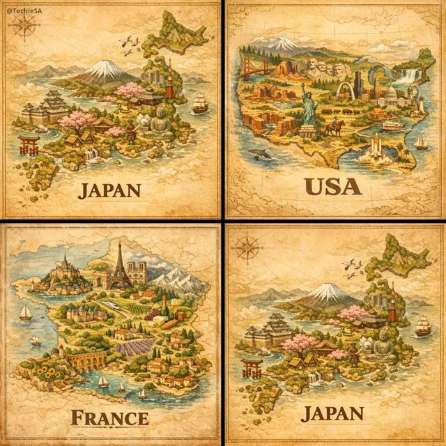 A hand-painted isometric bird’s-eye view illustration of [COUNTRY] in a vintage map style, featuring iconic landmarks an
