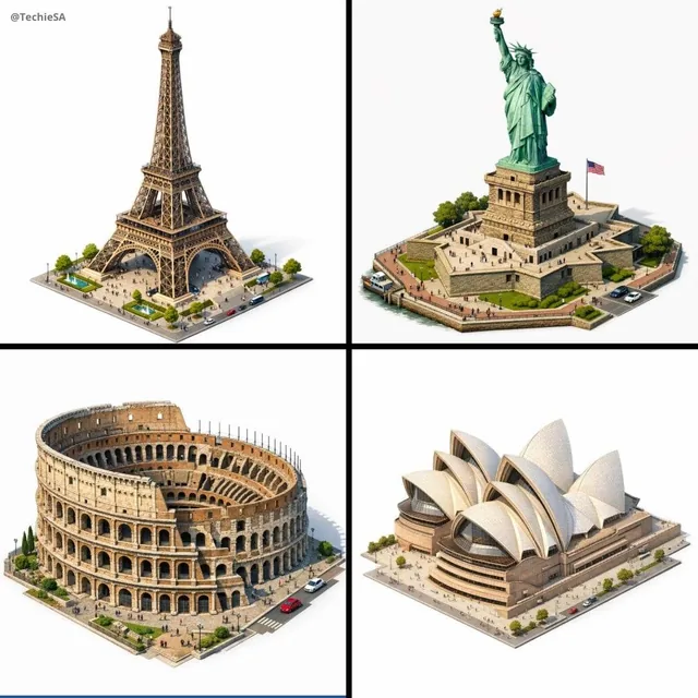 Create a highly detailed isometric 3D rendering of [LANDMARK] in architectural visualization style. The building is show