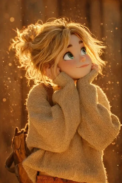 The scene is lit by warm golden hour sunlight, with glowing dust particles floating in the air, creating a soft magical