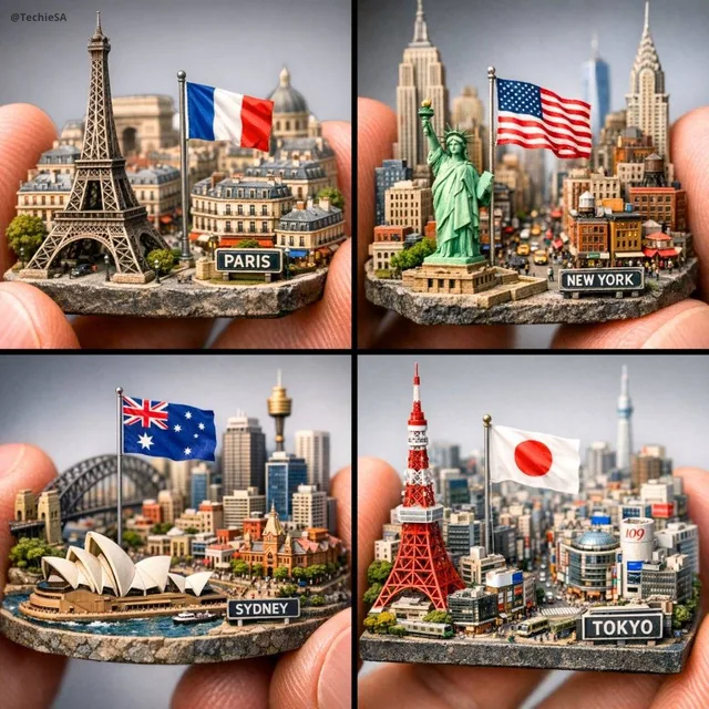 Extreme close-up macro of miniature city diorama [CITY, COUNTRY] on a solid base, held between two human fingers. City f