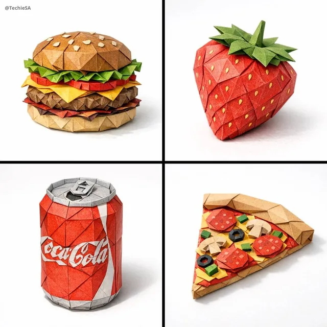A hyper-detailed origami [FOOD ITEM] folded from realistic colored paper with visible creases and paper texture. Complex