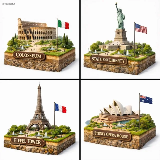 Create a hyper-realistic 3D diorama-style model of [LANDMARK NAME]. The model should appear as a miniature, set on a rai