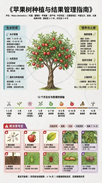 A museum-quality infographic poster detailing fruit tree cultivation, covering growth cycles, watering, sunlight, soil, fertilization, and pest/disease.